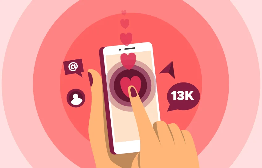 mobile with phone showing social media marketing banner